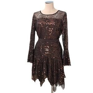 New AIDA Brown Sequins Shirt & Skirt Outfit Set Large